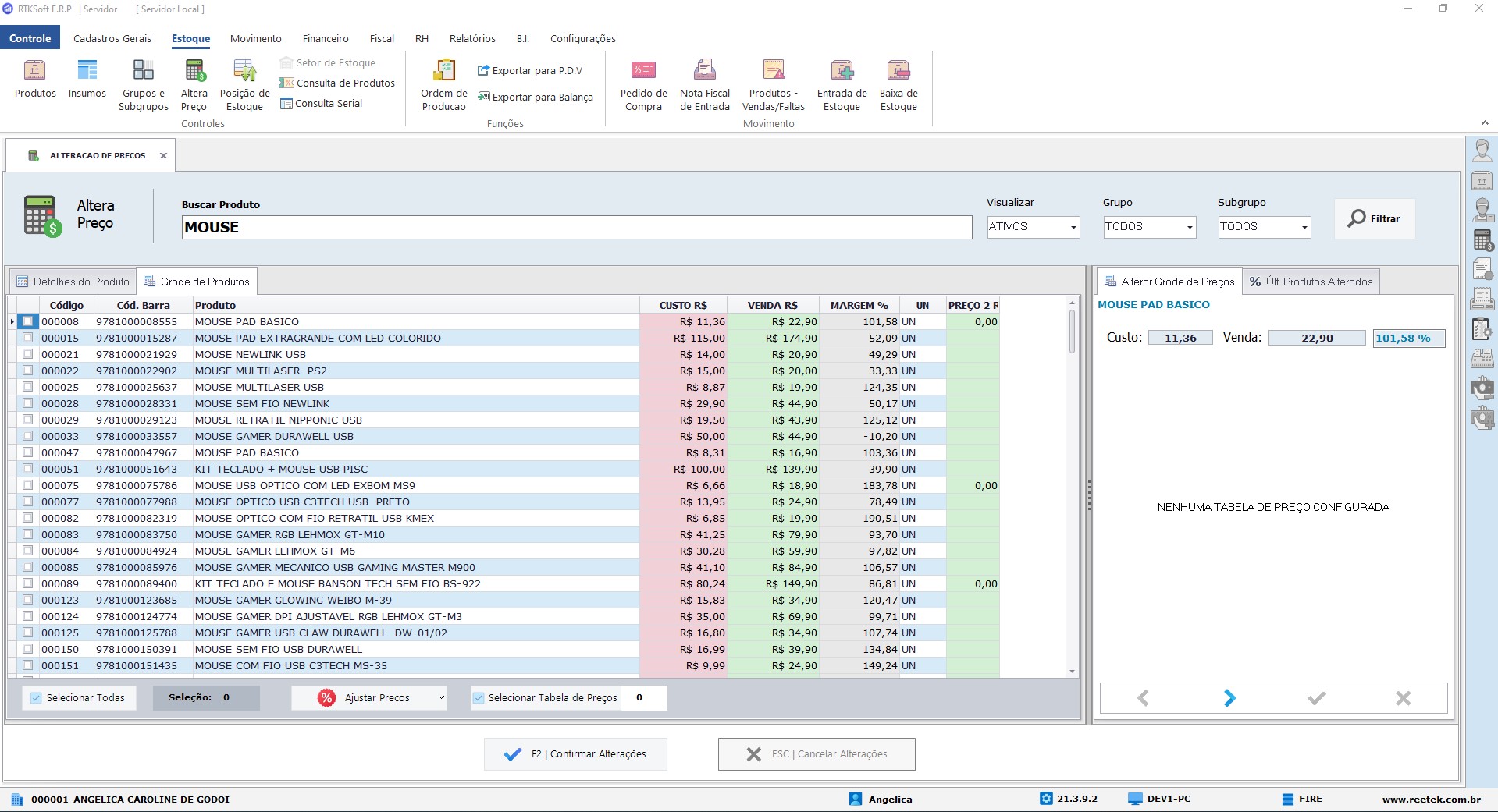 Tela de alteração de preços do RTKSoft ERP no notebook