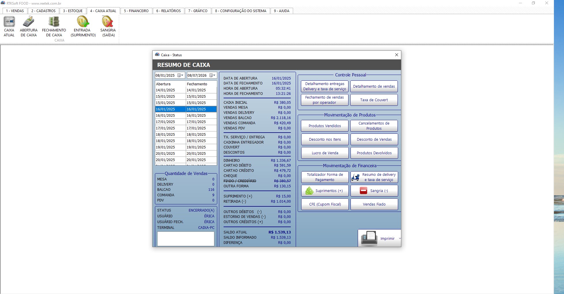 Resumo de caixa do RTKSoft FOOD no notebook