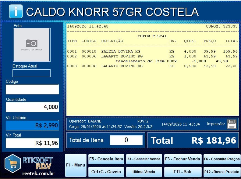 Tela de venda do RTKSoft P.D.V com cupom, total e atalhos de teclado